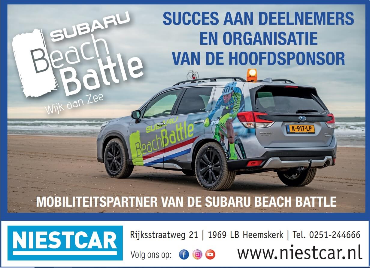 Niestcar, hoofdsponsor van de Subaru Beach Battle tijdens de nederlandse kampioenschap strandrace 2023